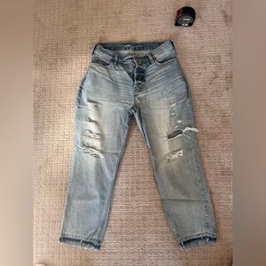 Distressed High Rise Light Blue Women's Mom Jean Capri - Alterations